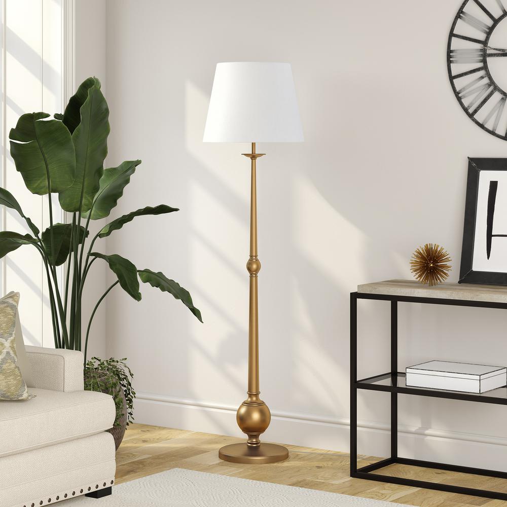 Wilmer 68" Tall Floor Lamp with Fabric Shade in Brushed Brass/White. Picture 2