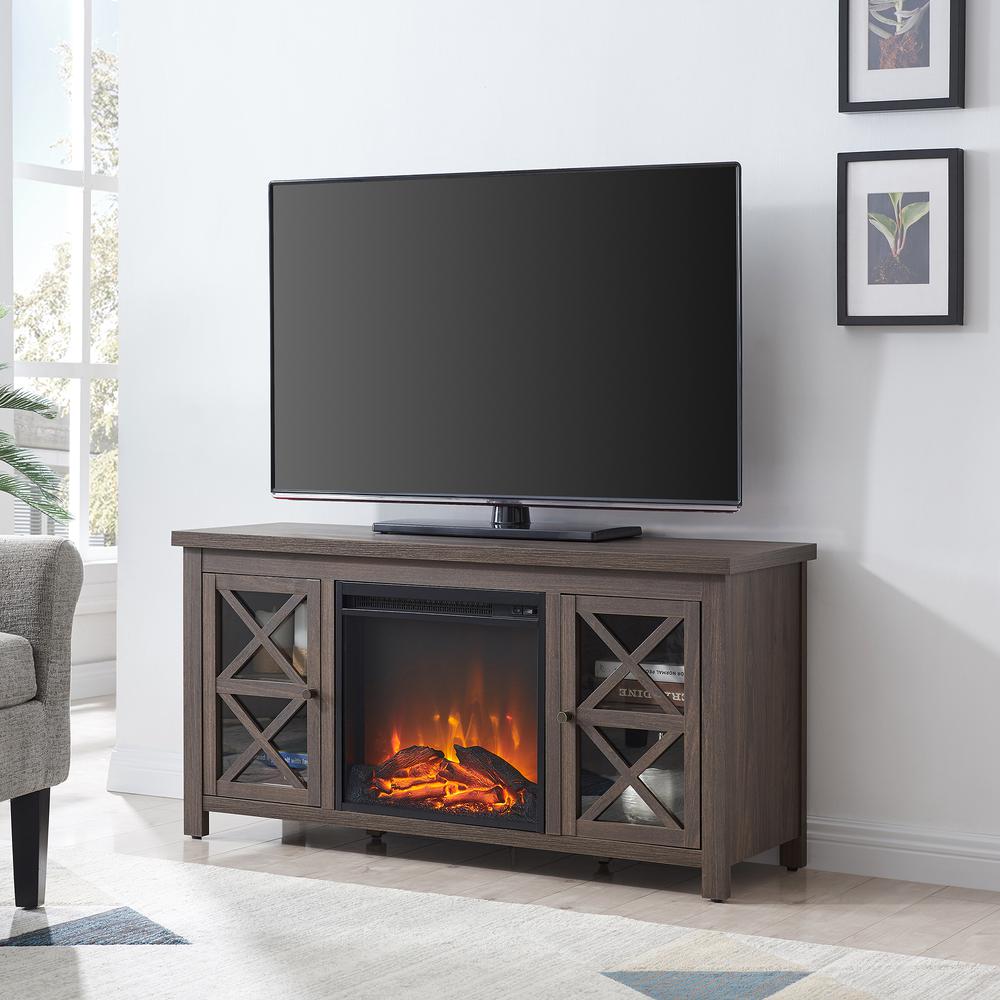 Colton Rectangular TV Stand with Log Fireplace for TV's up to 55" in Alder Brown. Picture 2
