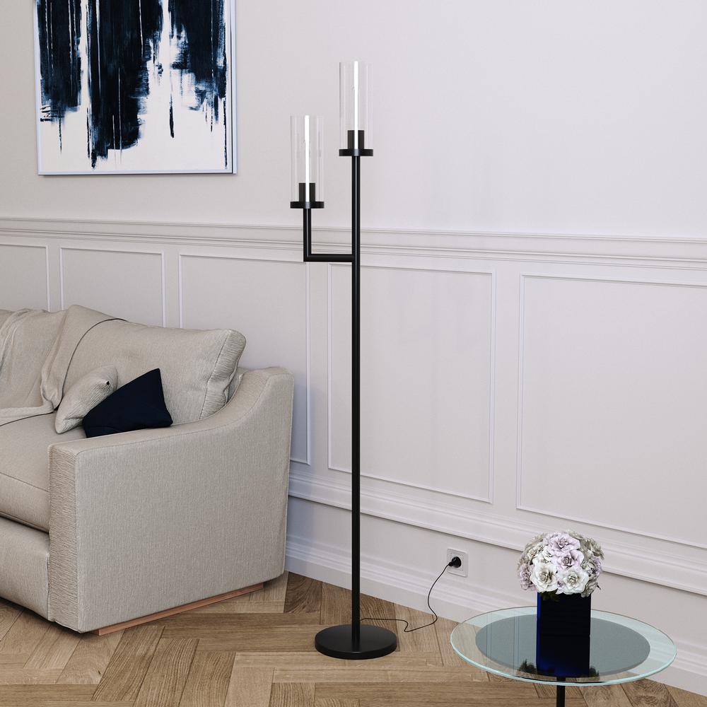 Basso 2-Light Torchiere Floor Lamp with Glass Shade in Blackened Bronze/Clear. Picture 2