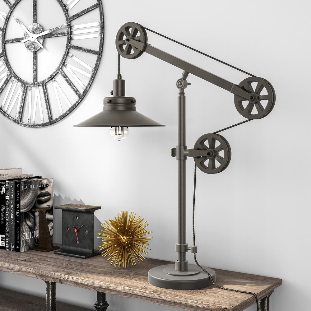 Descartes 29" Tall Wide Brim/Pulley System Table Lamp with Metal Shade in Aged Steel/Aged Steel. Picture 2