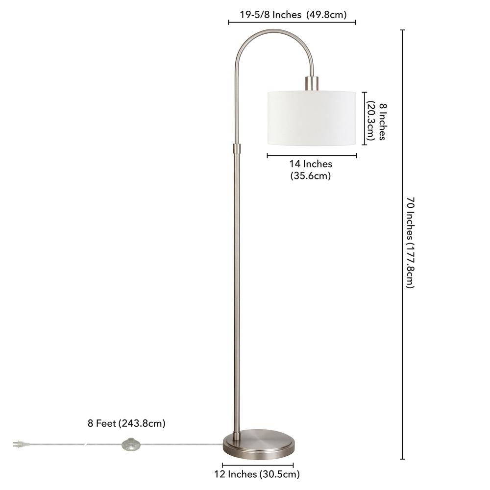 Veronica 70" Tall Arc Floor Lamp with Fabric Shade in Brushed Nickel/White. Picture 5