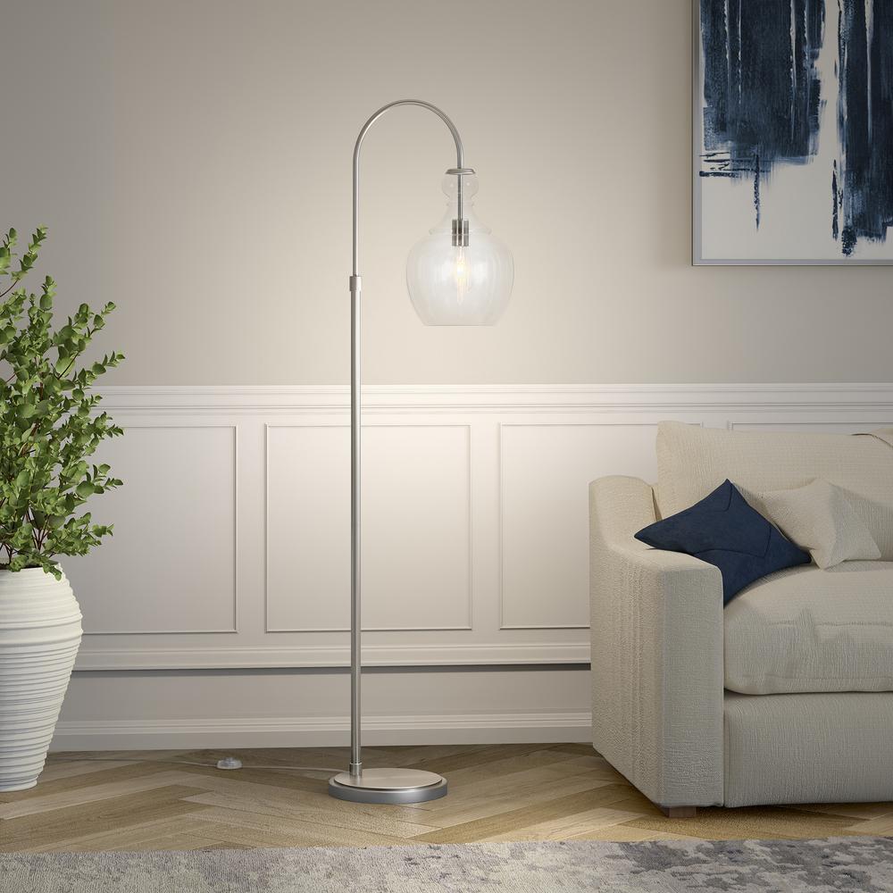 Verona Arc Floor Lamp with Glass Shade in Brushed Nickel/Clear. Picture 5
