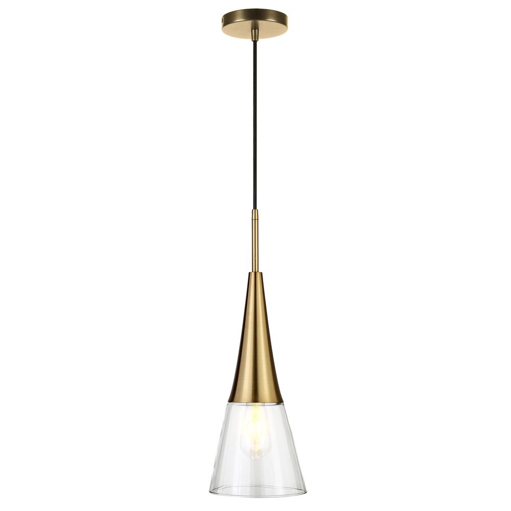Myra 7.5" Wide Pendant with Glass Shade in Brass/Clear. Picture 3
