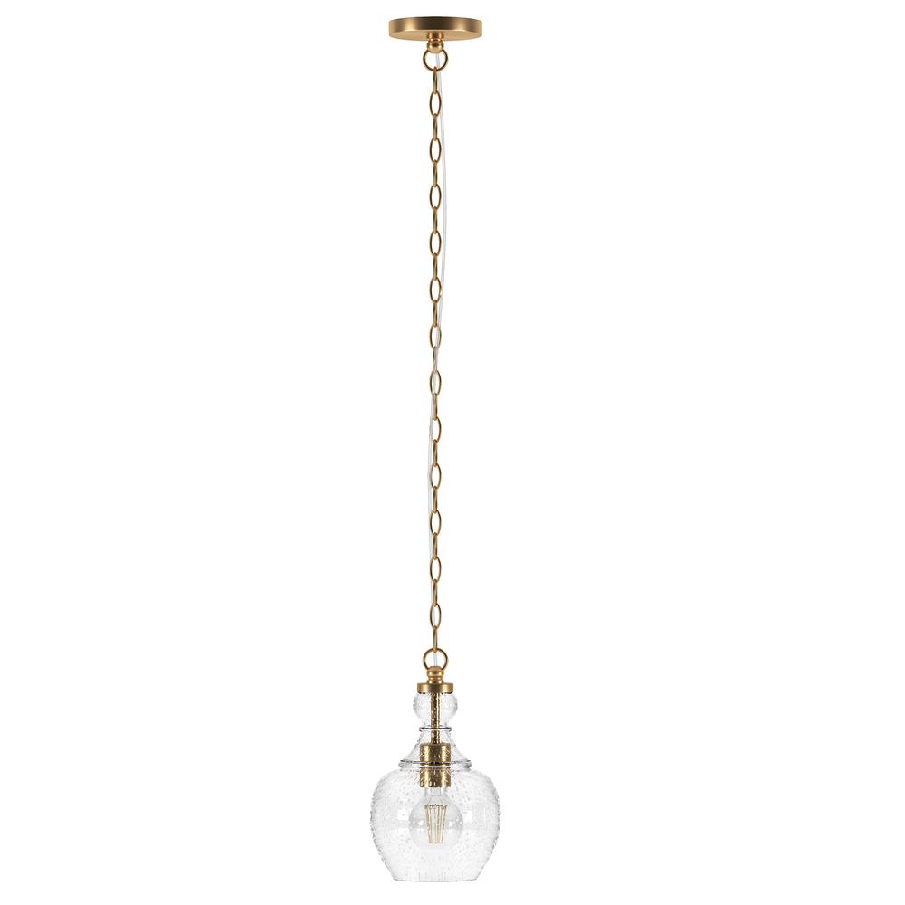 Verona 7" Wide Pendant with Glass Shade in Brushed Brass/Seeded. Picture 1