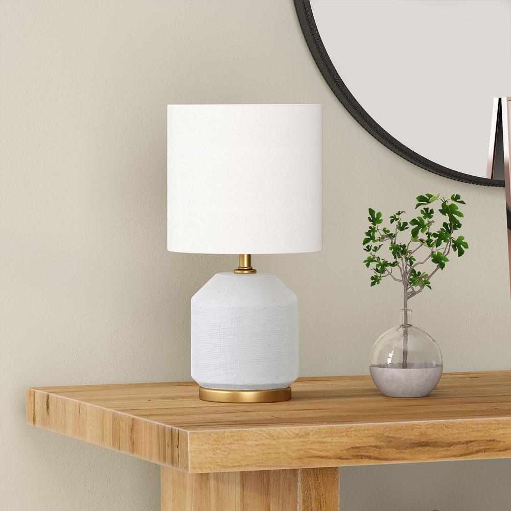 15" Tall Textured Ceramic Mini Lamp with Fabric Shade, Matte White/Antique Brass. Picture 2