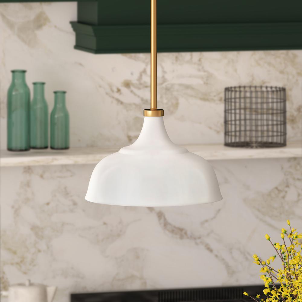 Mackenzie 10.75" Wide Pendant with Metal Shade in Matte White/Brass/Matte White. Picture 2