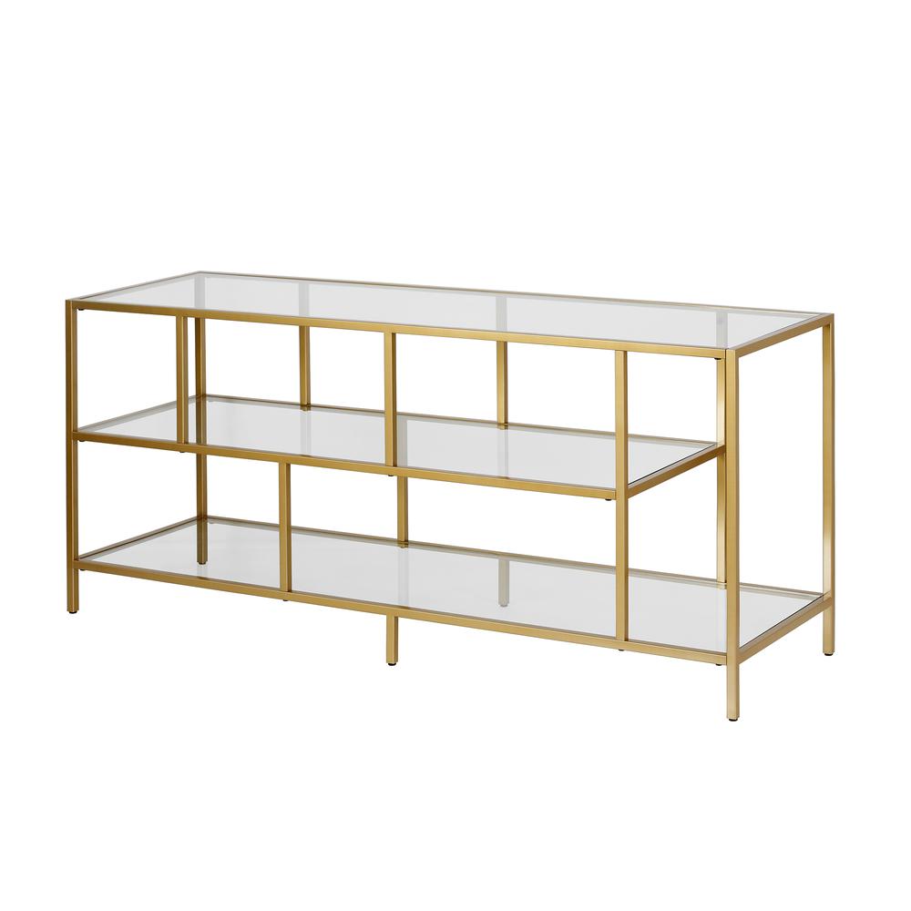 Winthrop Rectangular TV Stand with Glass Shelves for TV's up to 60" in Brass. Picture 1