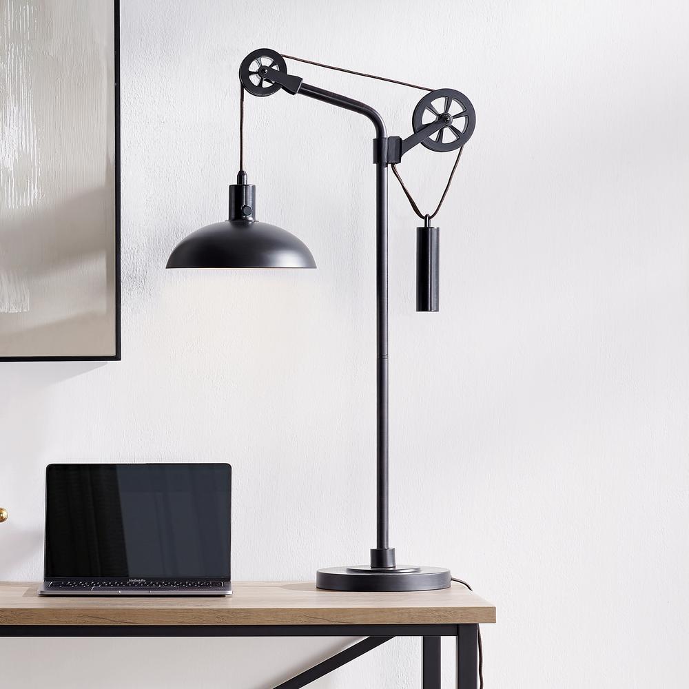 Neo 33.5" Tall Spoke Wheel Pulley System Table Lamp with Metal Shade in Blackened Bronze/Blackened Bronze. Picture 2