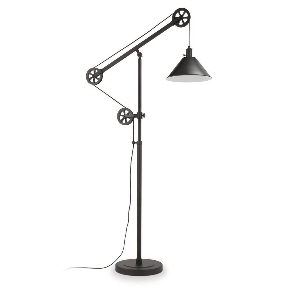 Descartes Pulley System Floor Lamp with Metal Shade in Blackened Bronze/Blackened Bronze. Picture 1