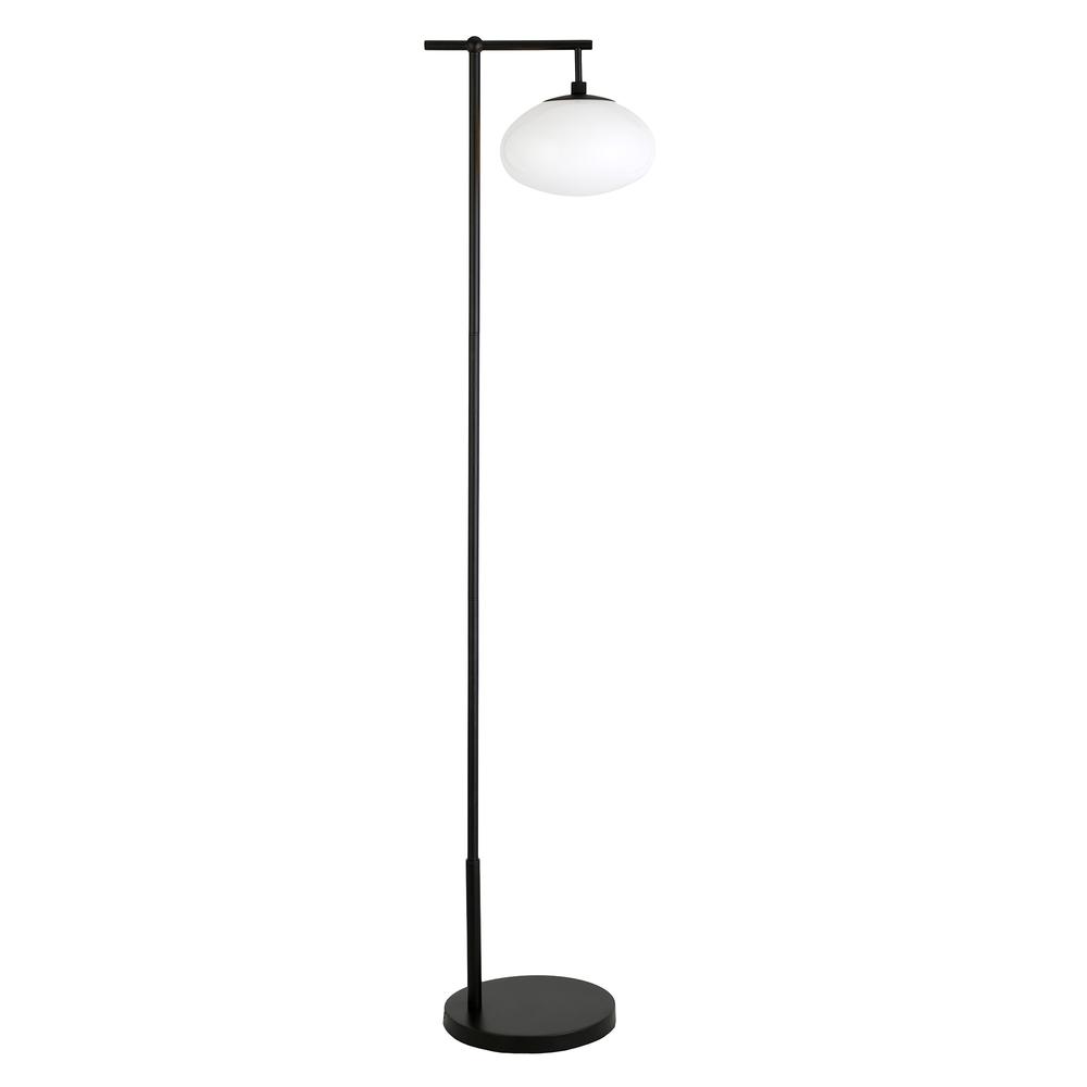Blume 68" Tall Arc Floor Lamp with Glass Shade in Blackened Bronze/Milk White. Picture 1