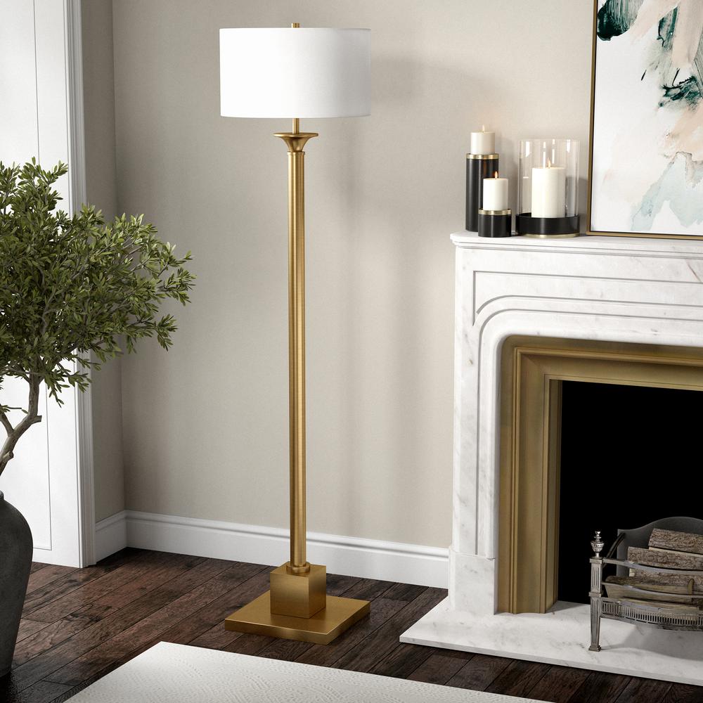 Hadley 65" Tall Floor Lamp with Fabric Shade in Brass/White. Picture 2
