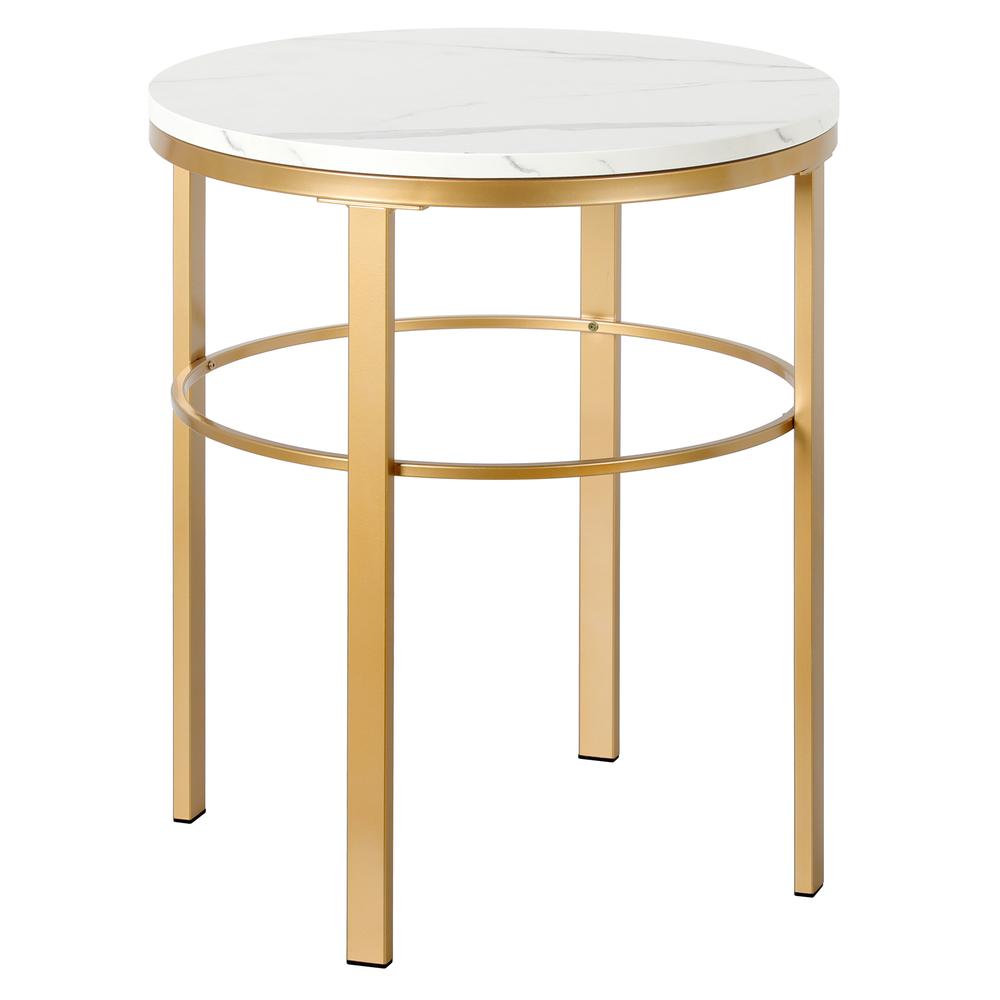 Gaia 20" Wide Round Side Table with Faux Marble Top in Brass/Faux Marble. Picture 1