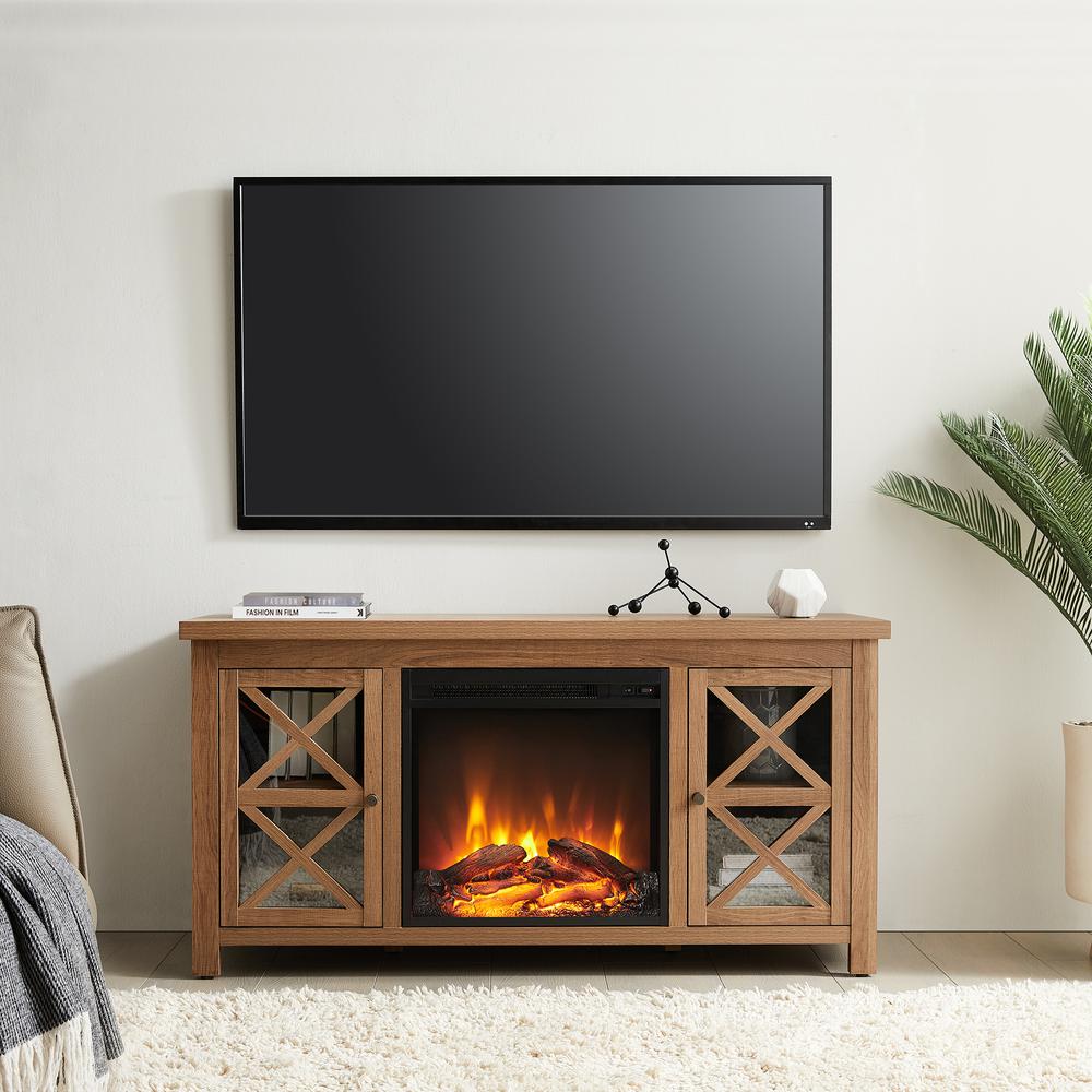 Colton Rectangular TV Stand with Log Fireplace for TV's up to 55" in Golden Oak. Picture 4