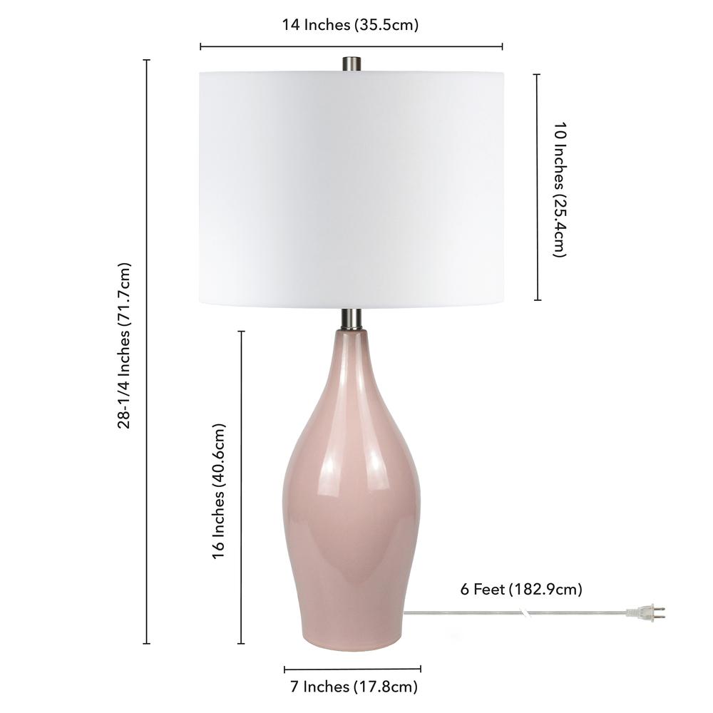 Bella 28.25" Tall Porcelain Table Lamp with Fabric Shade in Rose/White. Picture 4