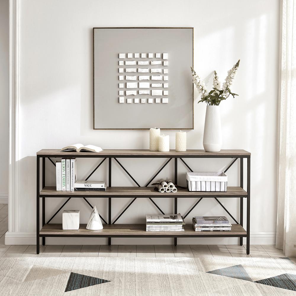 Kira 64" Wide Rectangular Console Table in Blackened Bronze/Antiqued Gray Oak. Picture 4