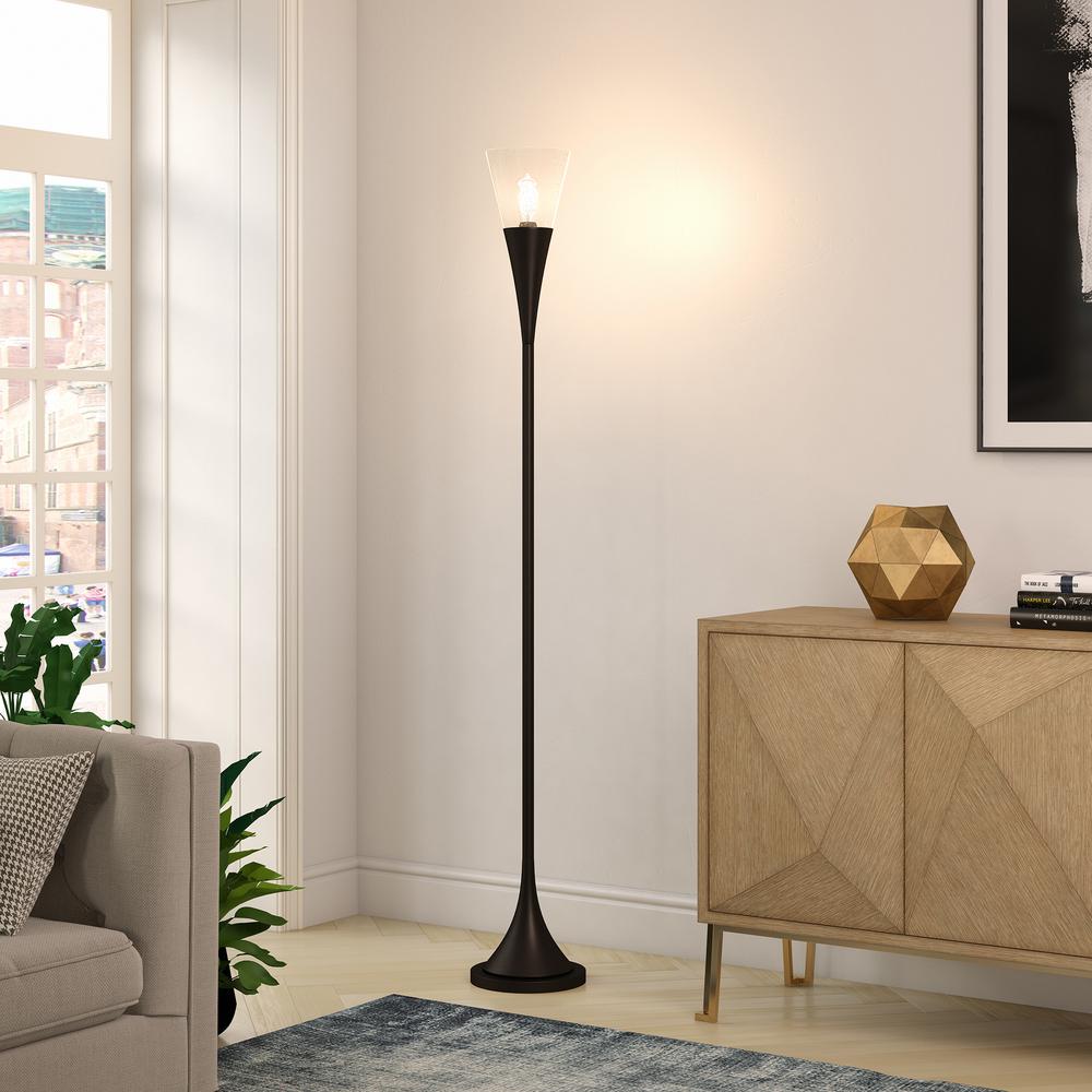 Moura Torchiere Floor Lamp with Glass Shade in Blackened Bronze/Seeded. Picture 3