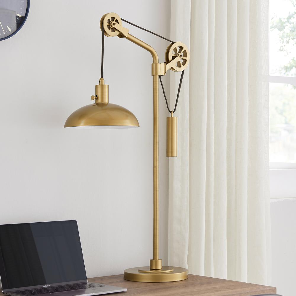 Neo 33.5" Tall Spoke Wheel Pulley System Table Lamp with Metal Shade in Brass/Brass. Picture 2