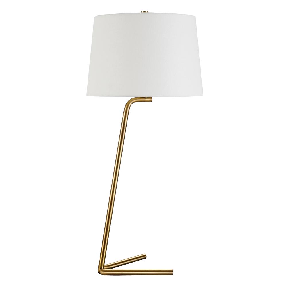 Markos 28.5" Tall Tilted Table Lamp with Fabric Shade in Brushed Brass/White. Picture 1