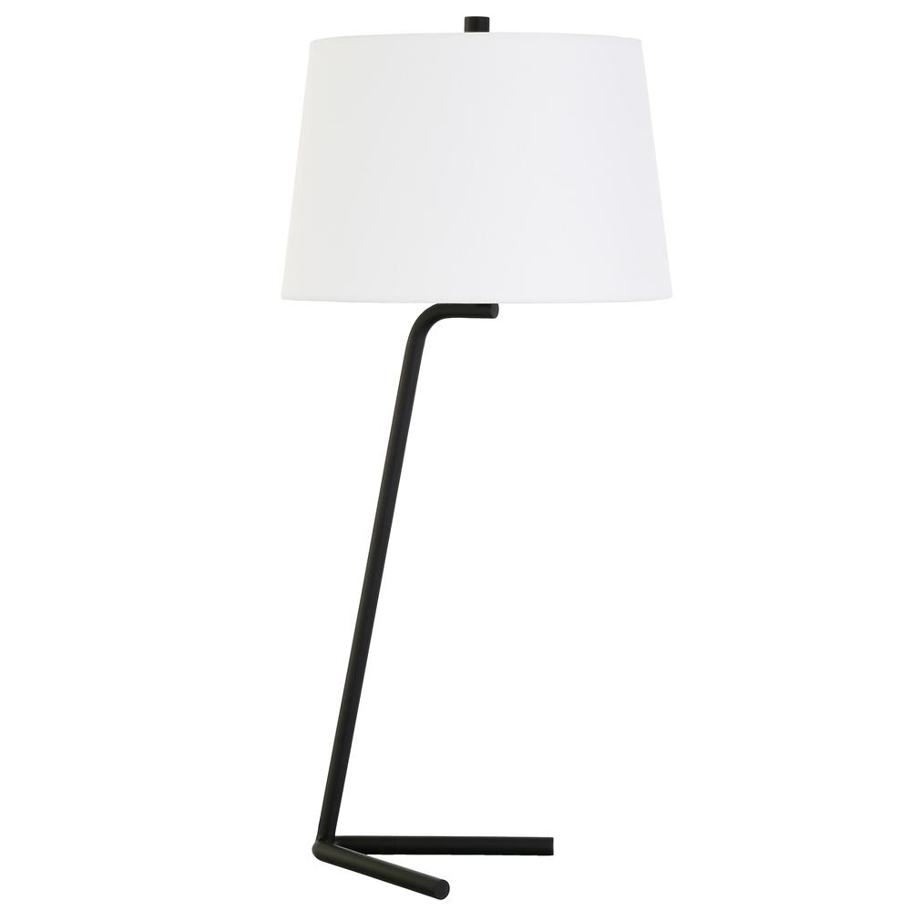 Markos 28.5" Tall Tilted Table Lamp with Fabric Shade in Blackened Bronze/White. Picture 1