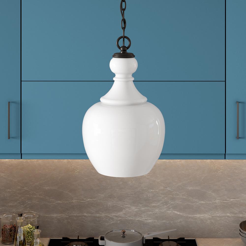 Verona 11" Wide Pendant with Glass Shade in Blackened Bronze/White Milk. Picture 2