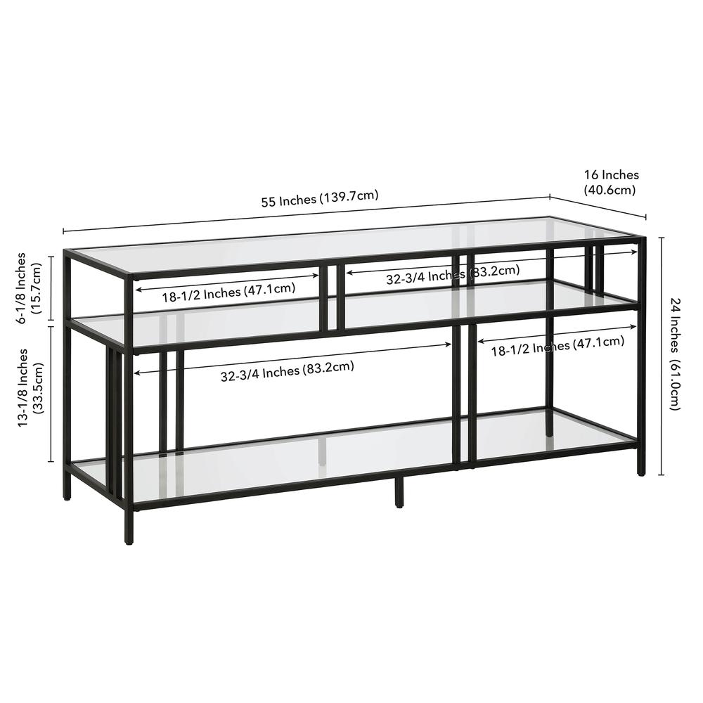Cortland Rectangular TV Stand with Glass Shelves for TV's up to 60" in Blackened Bronze. Picture 5