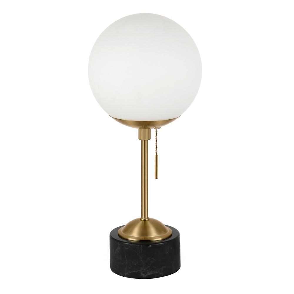 Reagan 17.75" Tall Table Lamp with Glass Shade in Brass/ Black Marble/White Milk. Picture 1