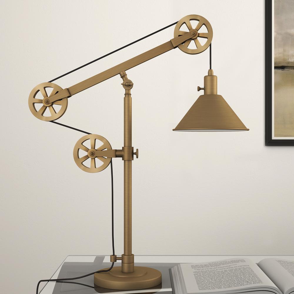 Descartes 29" Tall Pulley System Table Lamp with Metal Shade in Brass/Brass. Picture 2
