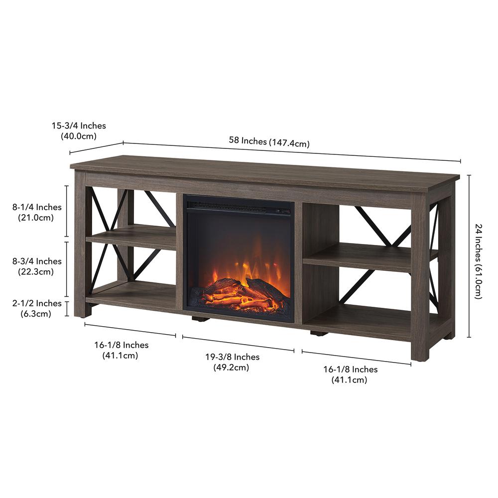 Sawyer Rectangular TV Stand with Log Fireplace for TV's up to 65" in Alder Brown. Picture 5