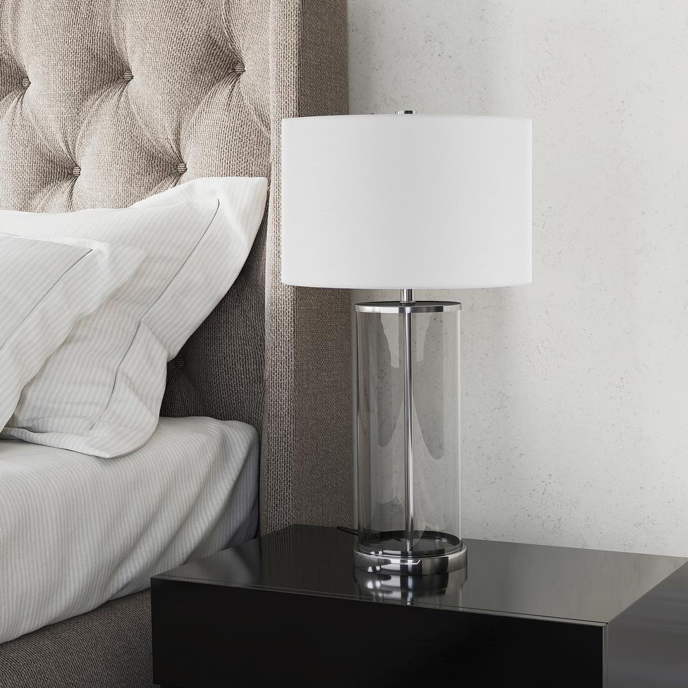 Rowan 28" Tall Table Lamp with Fabric Shade in Clear Glass/Polished Nickel/White. Picture 2