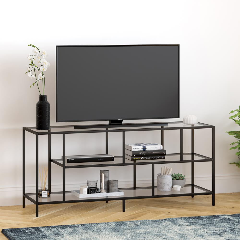 Winthrop Rectangular TV Stand with Glass Shelves for TV's up to 60" in Blackened Bronze. Picture 2