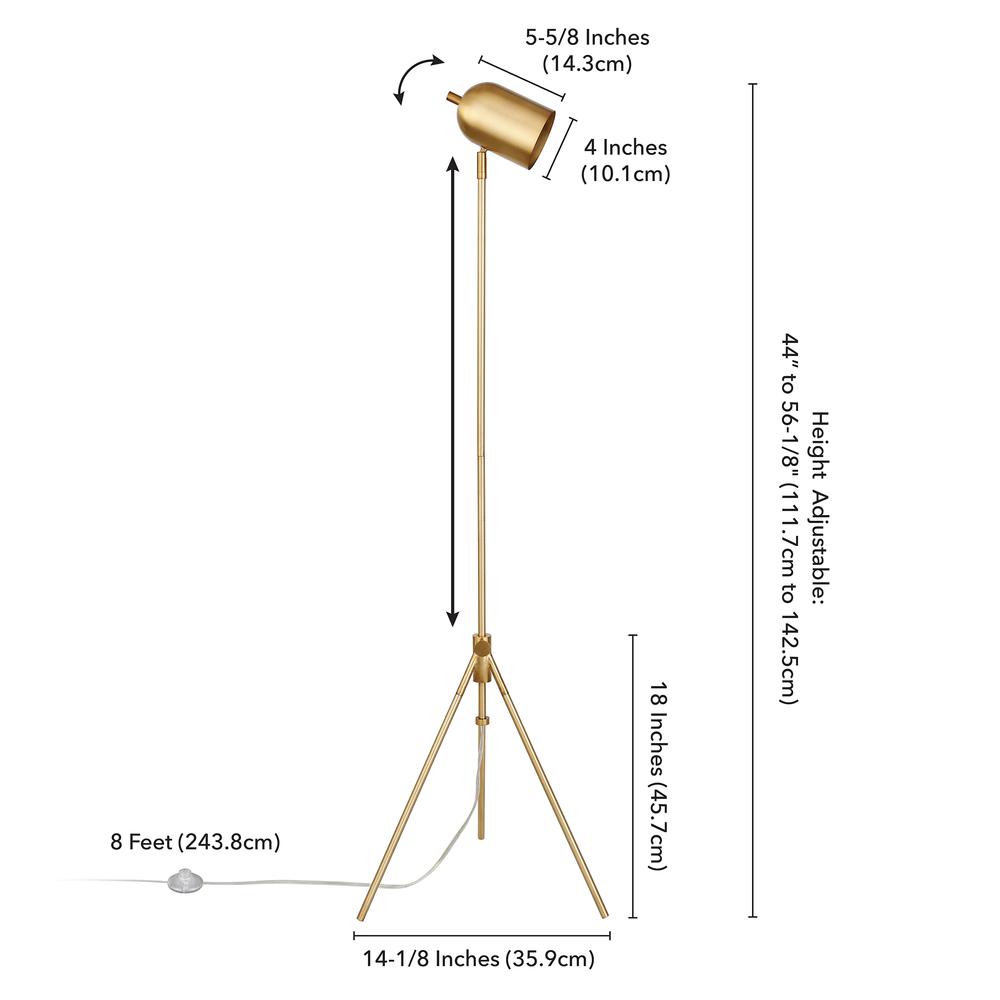 Bruno Tripod Floor Lamp with Metal Shade in Brass/Brass. Picture 5