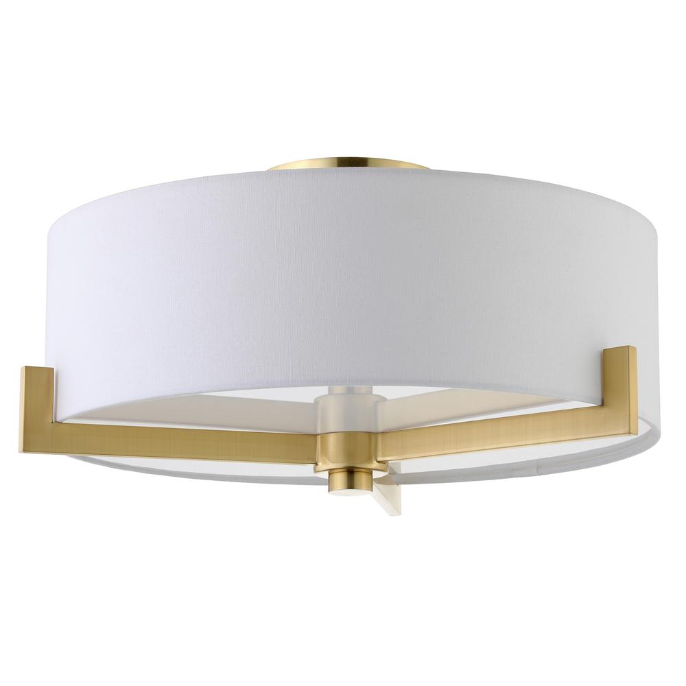 Hamlin 17" Wide 2-Light Semi Flush Mount with Fabric Shade in Brushed Brass/White. Picture 1
