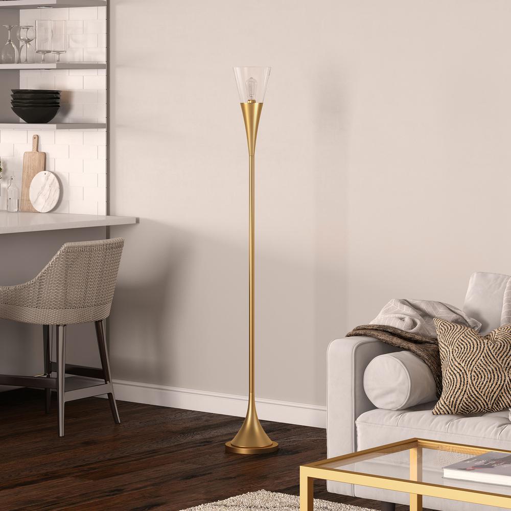 Moura Torchiere Floor Lamp with Glass Shade in Brass/Clear. Picture 2