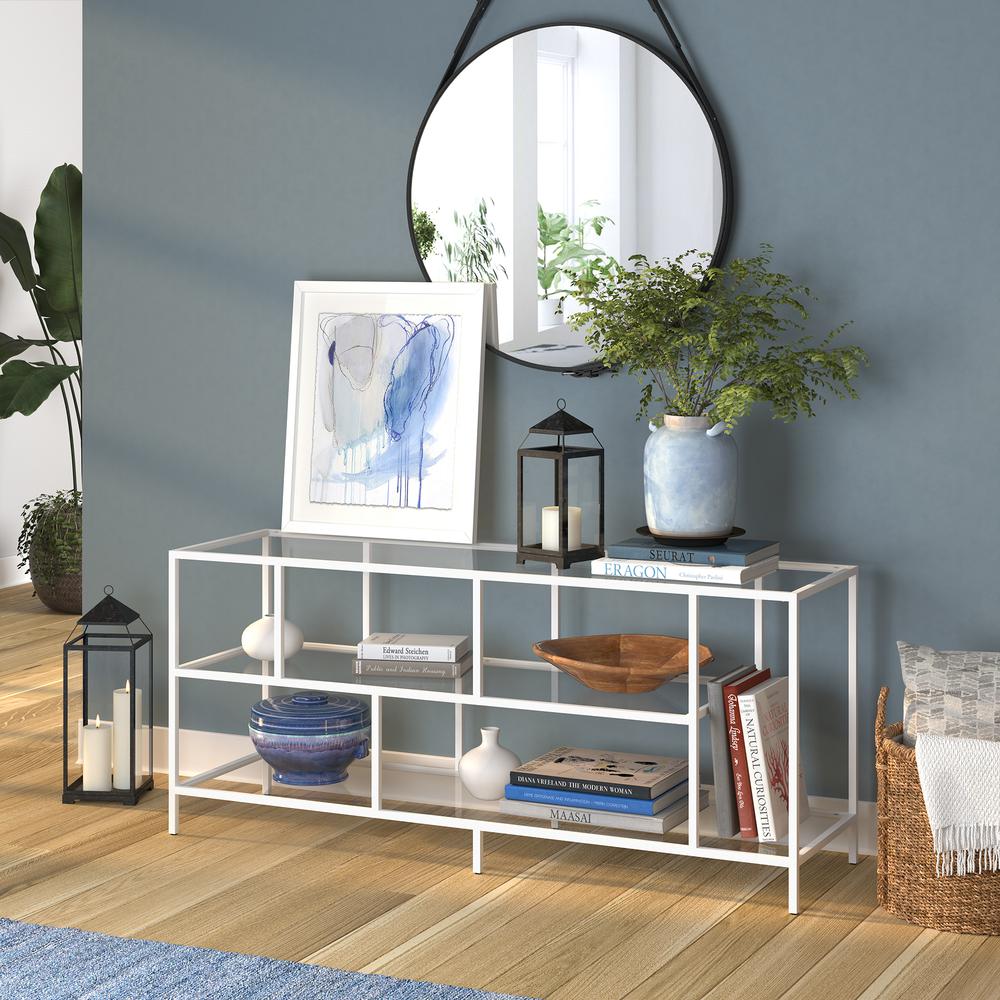Winthrop Rectangular TV Stand with Glass Shelves for TV's up to 60" in Matte White. Picture 4