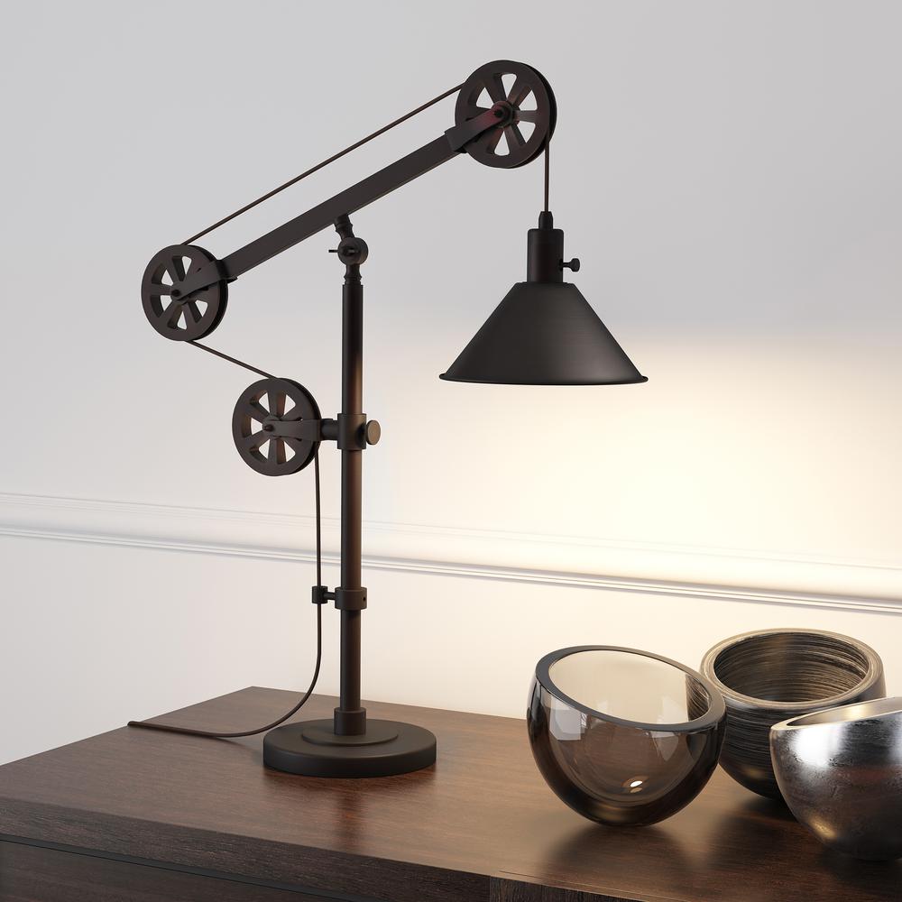 Descartes 29" Tall Pulley System Table Lamp with Metal Shade in Blackened Bronze/Blackened Bronze. Picture 2