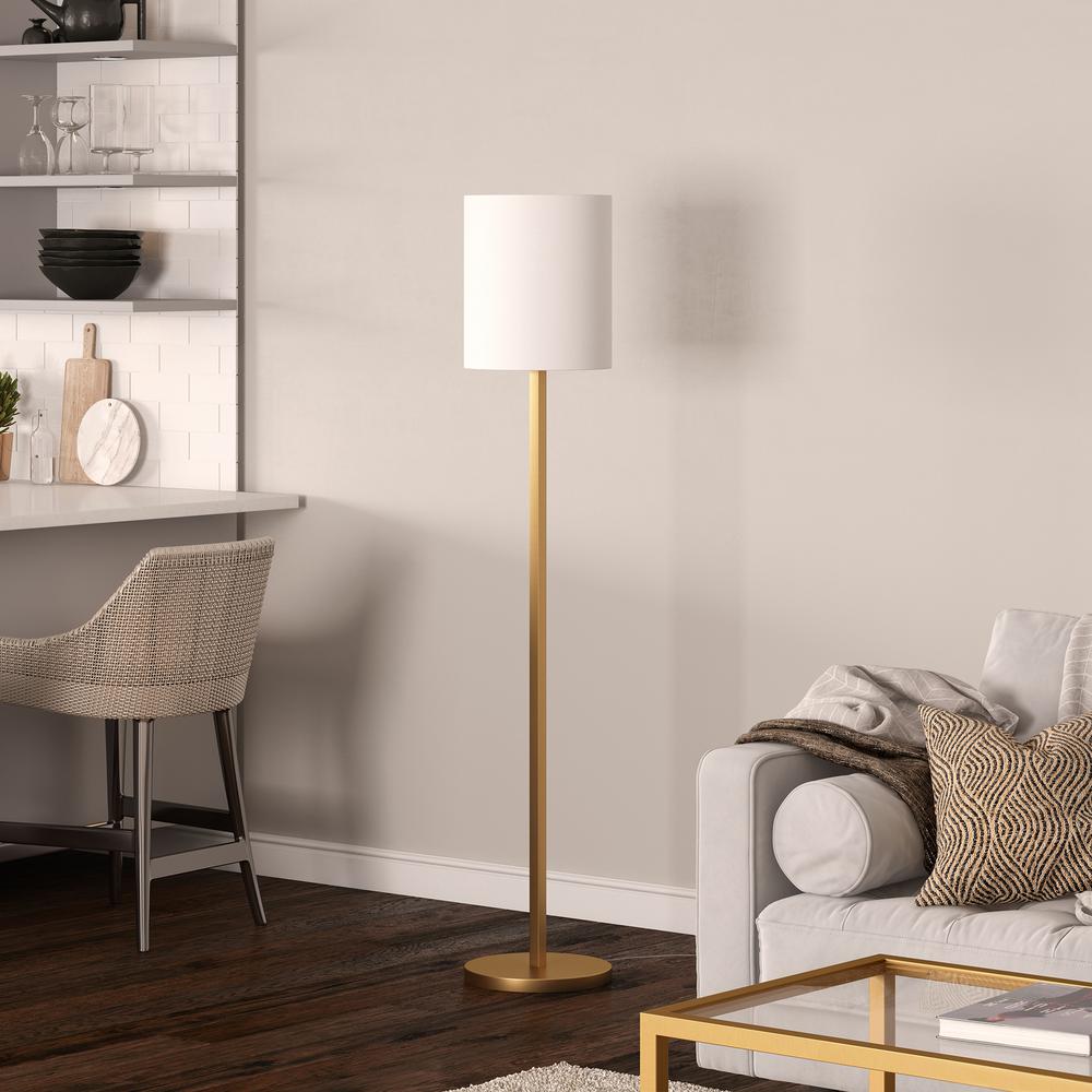 Braun Round Base Floor Lamp with Fabric Shade in Brass/White. Picture 2