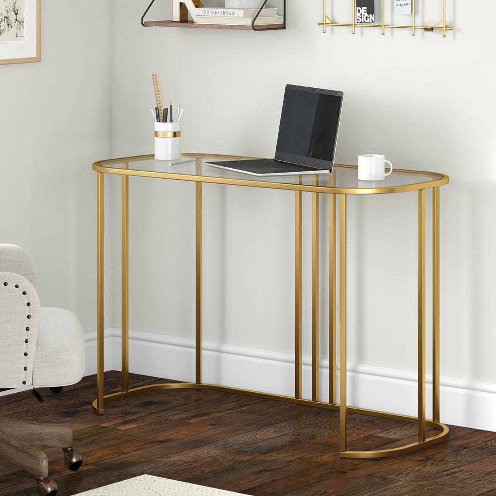Beatrice 44'' Wide Oval Writing Desk in Brass. Picture 2