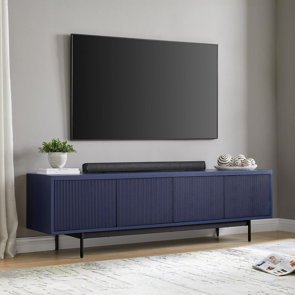 Whitman Rectangular TV Stand for TV's up to 75" in Dark Blue. Picture 4
