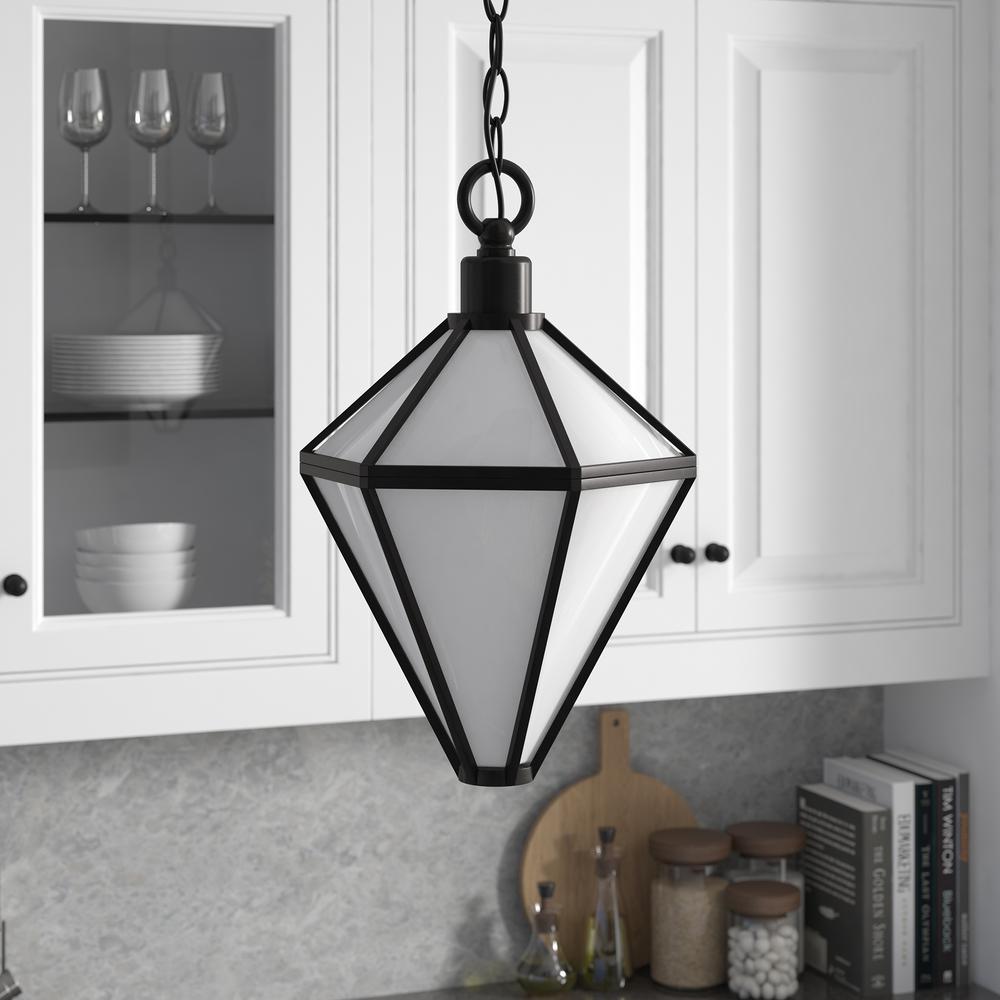 Adara 10" Wide Pendant with Glass Shade in Blackened Bronze/White. Picture 2