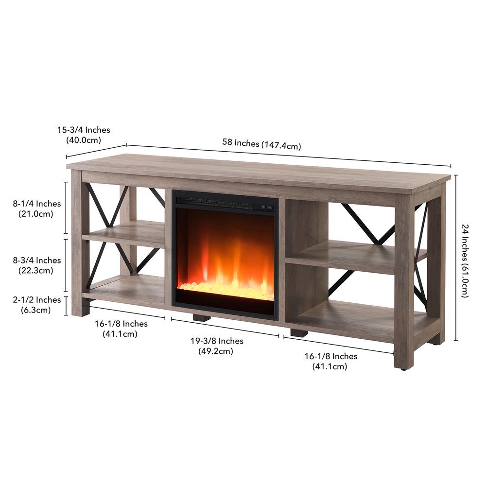 Sawyer Rectangular TV Stand with Crystal Fireplace for TV's up to 65" in Gray Oak. Picture 5