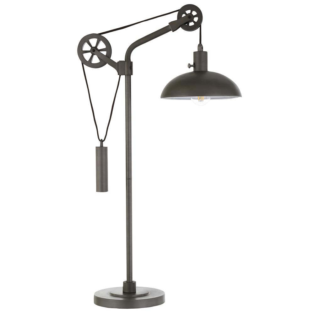 Neo 33.5" Tall Spoke Wheel Pulley System Table Lamp with Metal Shade in Aged Steel/Aged Steel. Picture 1