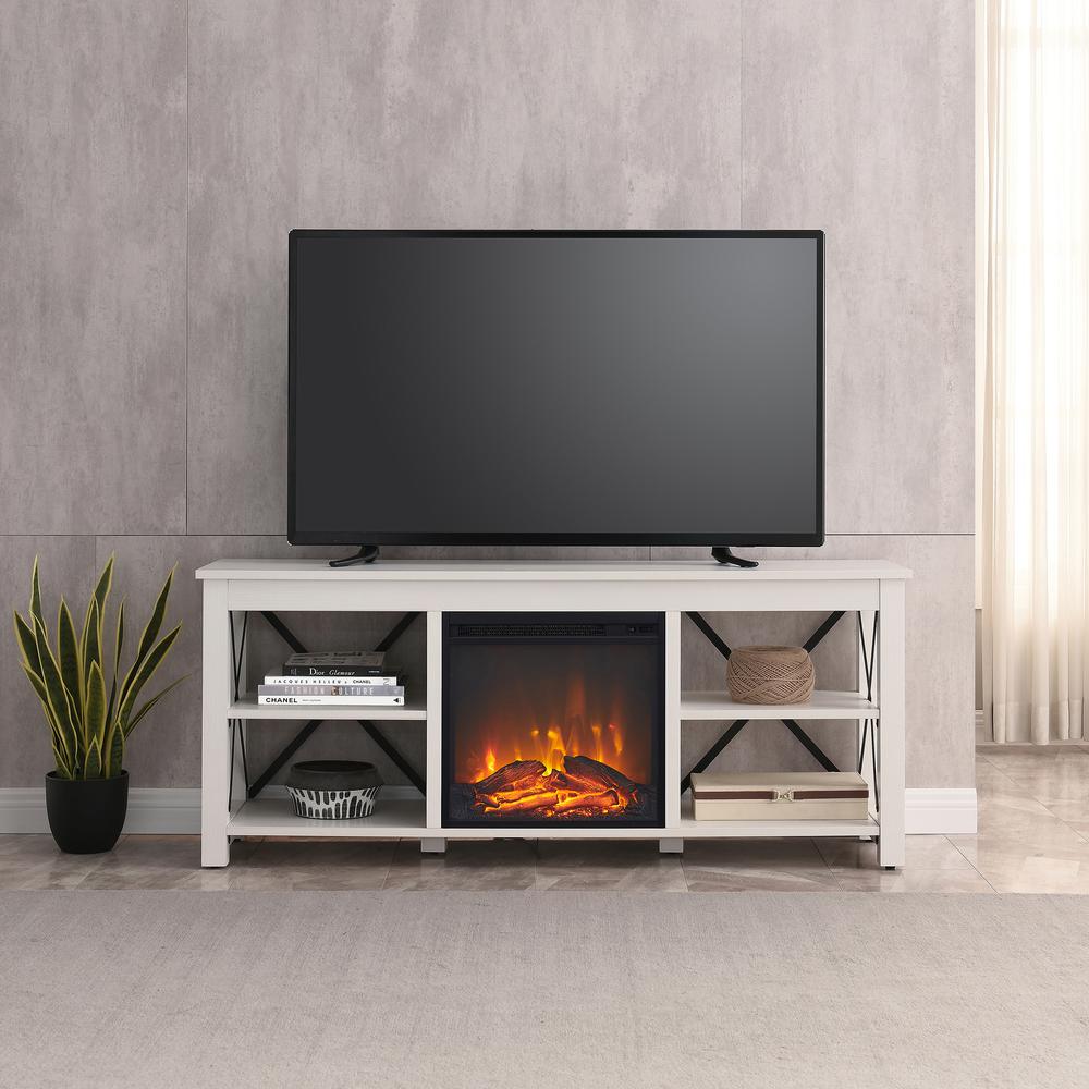 Sawyer Rectangular TV Stand with Log Fireplace for TV's up to 65" in White. Picture 4