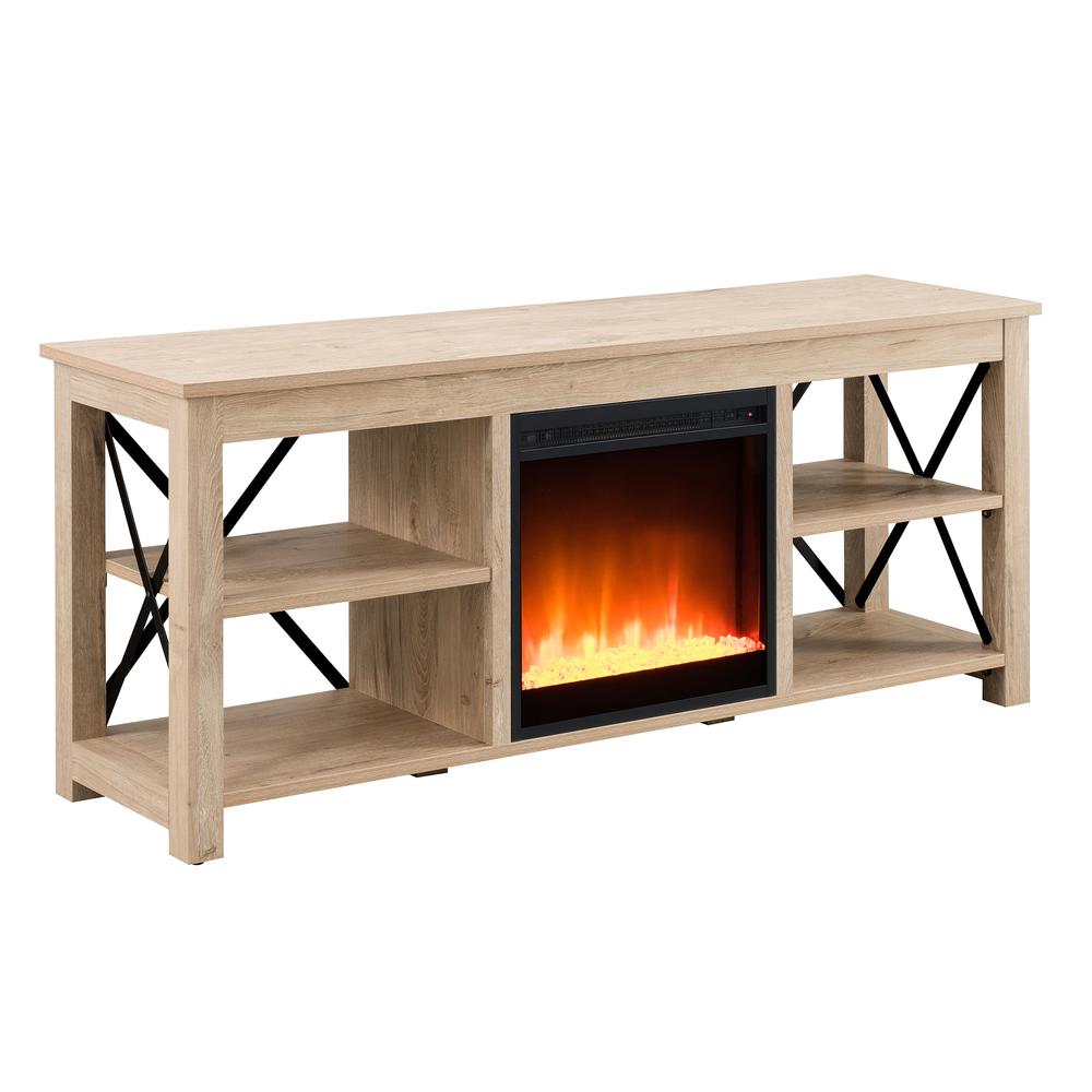 Sawyer Rectangular TV Stand with Crystal Fireplace for TV's up to 65" in White Oak. Picture 1