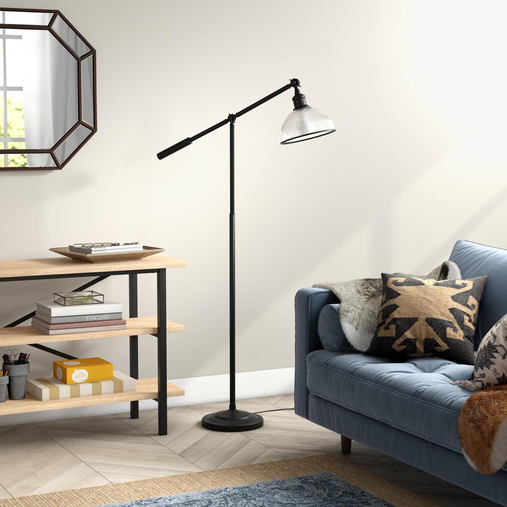 Frenkel 58" Tall Floor Lamp with Ribbed Glass Shade in Blackened Bronze/Clear. Picture 4