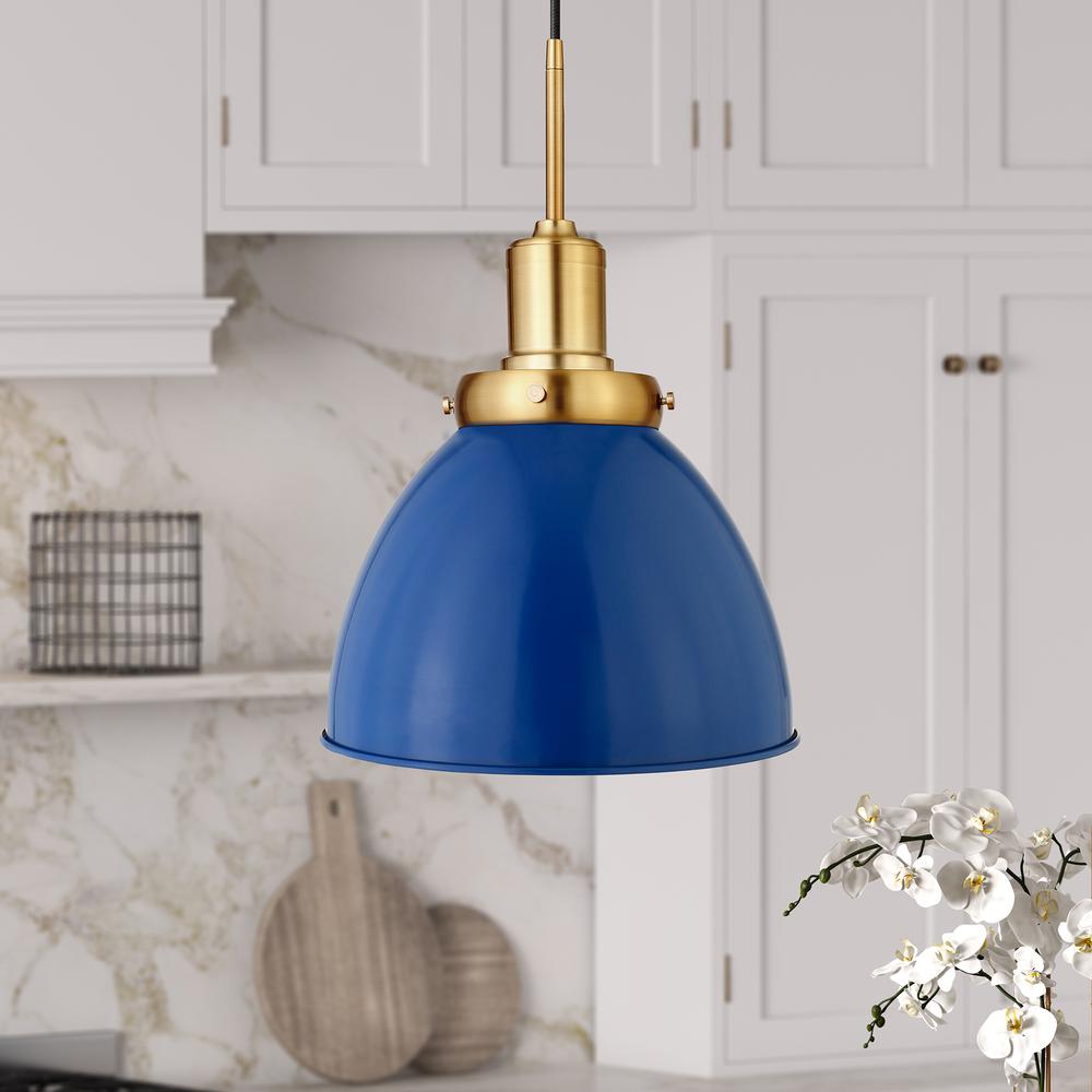 Madison 12" Wide Pendant with Metal Shade in Blue/Brass/Blue. Picture 2
