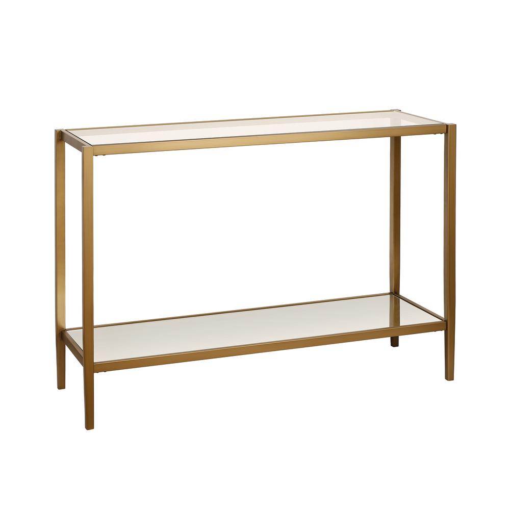 Hera 42'' Wide Rectangular Console Table with Glass Shelf in Brass. Picture 1