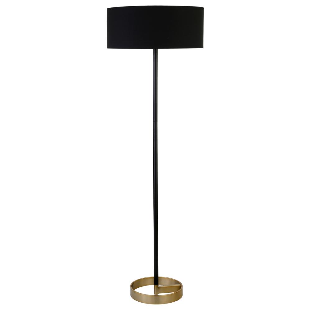 Estella Two-Tone Floor Lamp with Fabric Shade in Matte Black/Brass/Black. Picture 1