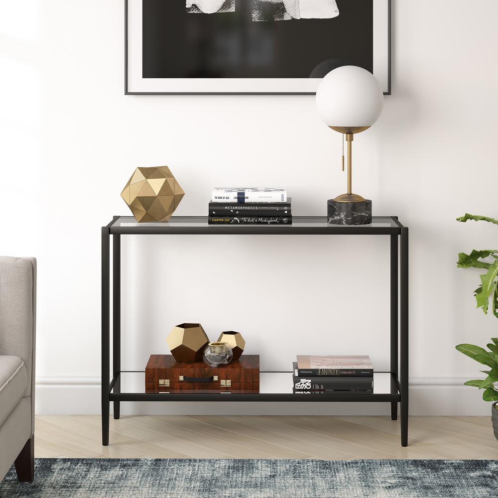 Hera 42'' Wide Rectangular Console Table with Glass Shelf in Blackened Bronze. Picture 4