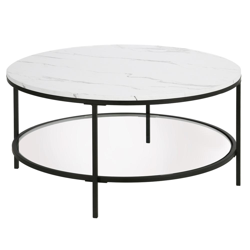 Sivil 36'' Wide Round Coffee Table with Faux Marble Top in Blackened Bronze. Picture 3