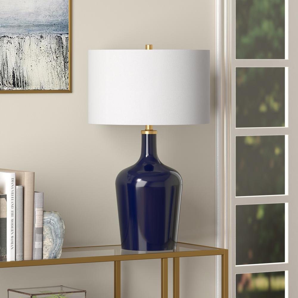 Sebago 25" Tall Table Lamp with Fabric Shade in Navy Blue/White. Picture 4